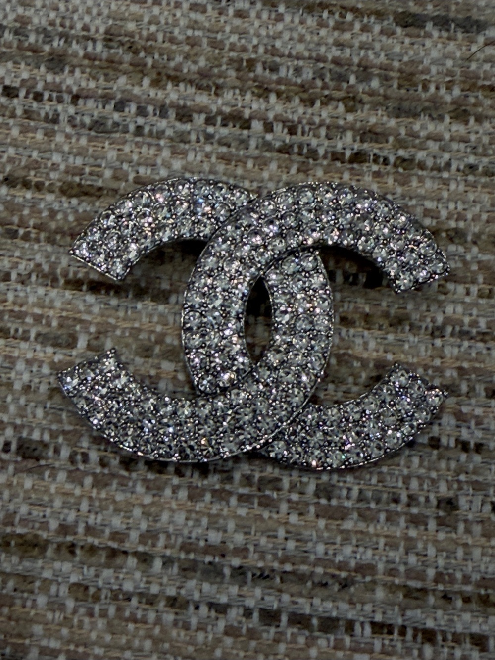 Chanel-ish Crystal-Embellished Double C Logo Brooch in Silver